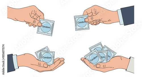 Collection of illustrations showing hands holding and offering packaged condoms to promote safe sex and contraception awareness.