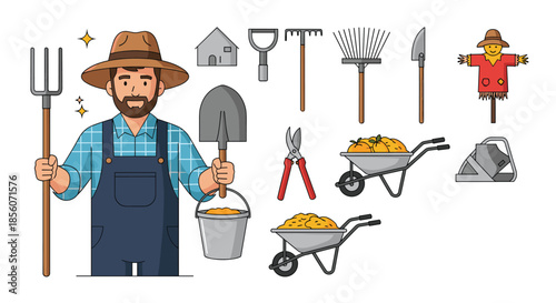 Friendly bearded farmer in overalls holding a pitchfork and shovel, surrounded by a set of essential gardening and farm tools.