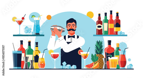 Professional bartender with a mustache shaking a cocktail behind a bar counter filled with various alcoholic drinks and glasses.