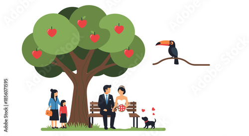 Wedding couple sitting on a park bench under a love tree with their family, a small dog, and a toucan celebrating their union.