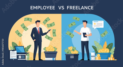 Financial comparison between a salaried employee and a freelance worker, illustrating differences in income, stability, and wealth.