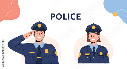 Professional male and female police officers in uniform, with the policeman saluting to represent law, order, and public service.
