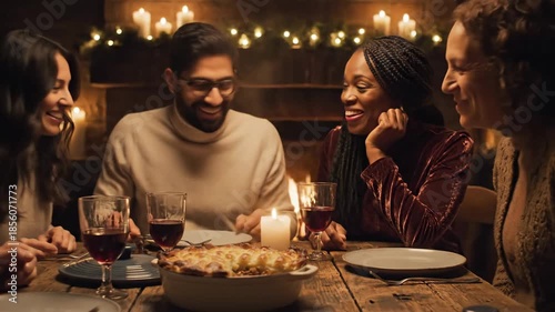 Warm and festive family dinner with a golden shepherd's pie centerpiece, enjoying food and company by the fire