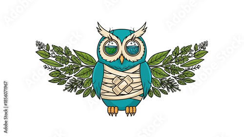 Illustration of Owl with Outstretched Wings and Laurel.