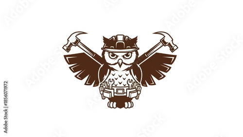 Owl Character Wearing Hard Hat and Holding Tools.