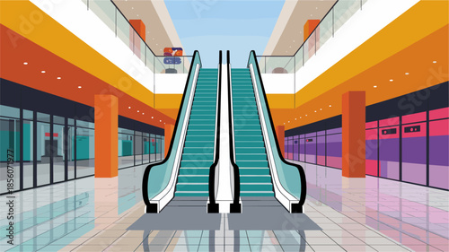 Modern minimalist illustration of a shopping mall interior featuring symmetrical escalators geometric flooring and vibrant contemporary wall colors.