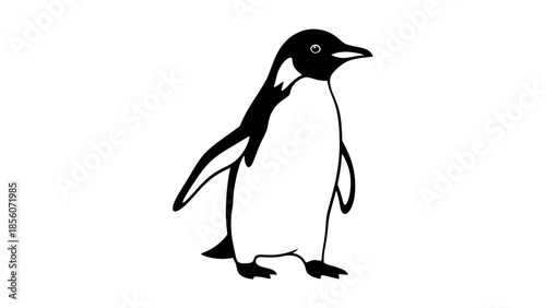 Penguin Standing Alone Simple Black White Illustration.