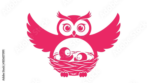 Pink Owl Sitting on Nest with Eggs.