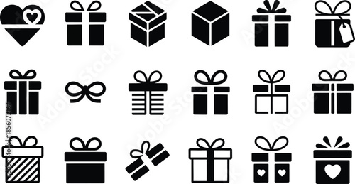 Black and white gift box with ribbons and hearts