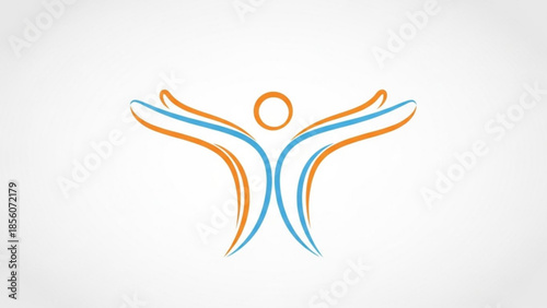 Vibrant orange and blue human figure icon with arms outstretched on white background, symbolizing freedom and joy, perfect for graphic