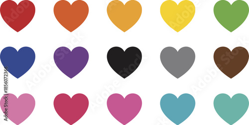 Fifteen solid color hearts arranged in three rows of five
