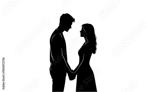 Romantic Couple Silhouette Holding Hands at Sunset  white background, full length vector illustration