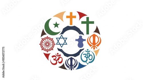 Diverse religious symbols in a circle representing unity and harmony among different faiths and cultures worldwide