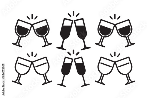 Glass icon set. Various wine glasses, a red wine glass, a champagne glass, hands toasting with wine and champagne glasses. vector illustration eps 10