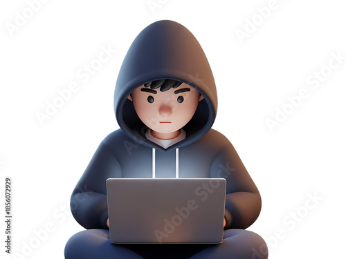 Young person working on laptop isolated on transparent background