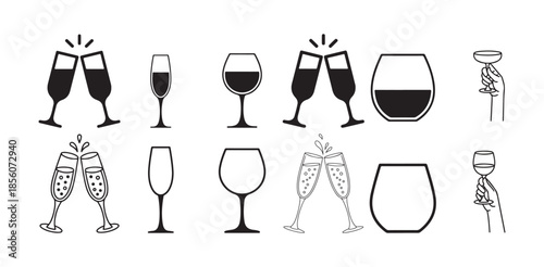 Glass icon set. Various wine glasses, a red wine glass, a champagne glass, hands toasting with wine and champagne glasses. vector illustration eps 10