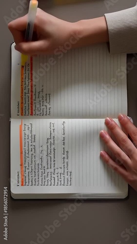 Overhead view of hands highlighting text in a lined notebook
