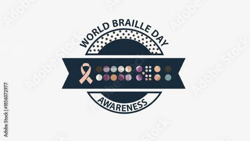 World braille day awareness badge with peach ribbon and colorful dots on dark blue background