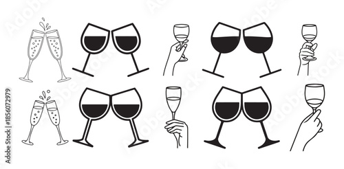 Glass icon set. Various wine glasses, a red wine glass, a champagne glass, hands toasting with wine and champagne glasses. vector illustration eps 10