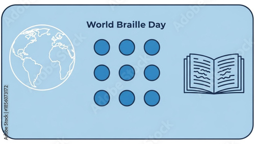 World braille day awareness graphic with globe and book on light blue background