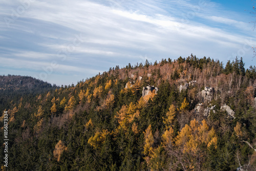 Sunny landscape of the Table Mountains with a view of vast meadows, forests and distant mountain ranges. Calm nature, clear sky and open space invite reflection, mindfulness and deep relaxation.