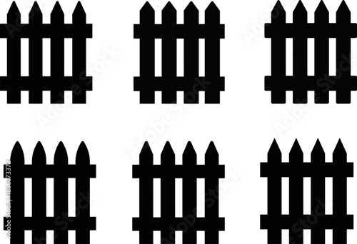 Wooden Fence Silhouette Set, Black Picket Fence Icons Collection