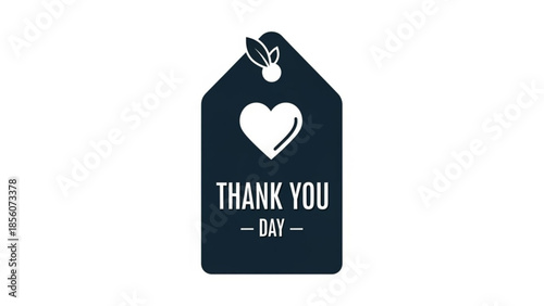 Dark blue thank you day tag with heart and leaf on white background for appreciation and gratitude
