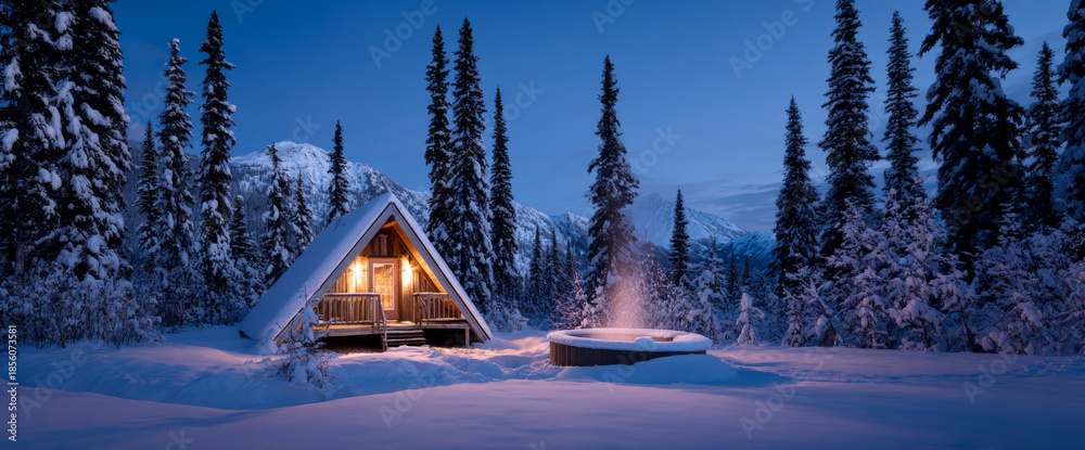 Fototapeta premium Cozy A-frame cabin with glowing lights and steaming hot tub surrounded by snow-covered pine trees and mountains at twilight