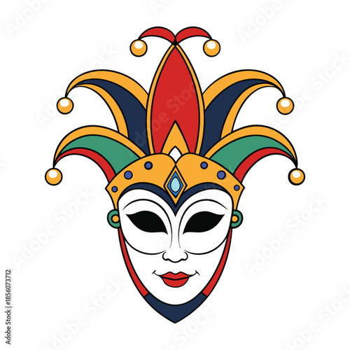 An ornate Venetian carnival mask with intricate gold filigree, vibrant colors, and delicate patterns, exuding elegance, mystery, and festive Venetian charm.
