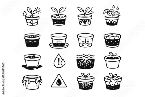 Soggy plant icons warning health sign vector drowning rot icon soil issue