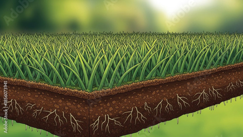 Green grass field with visible roots in soil cross section, lush green blades and earthy ground