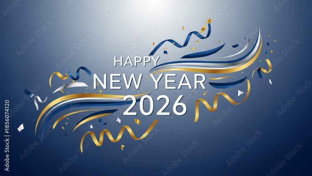 Naklejka premium Happy new year 2026 celebration design with blue and gold ribbons and confetti on dark background