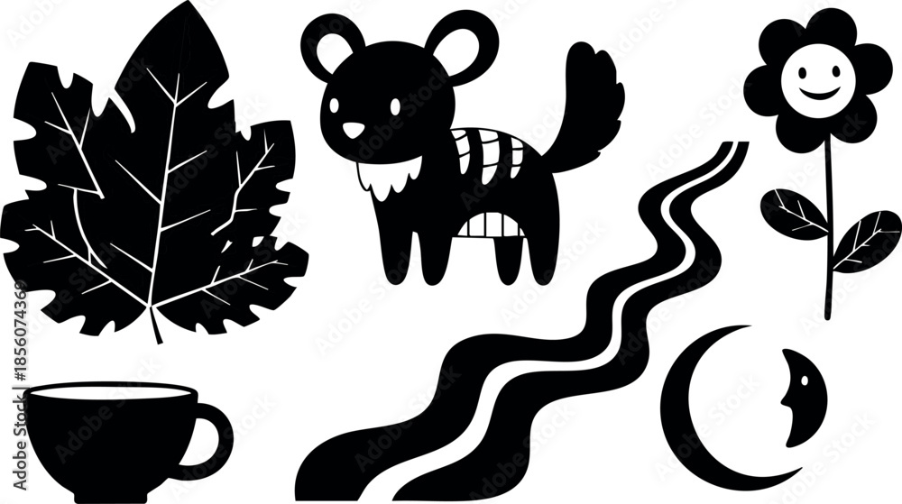 Fototapeta premium Cute black silhouette vector of leaf, tiger, flower, cup, river, and moon shapes for design 