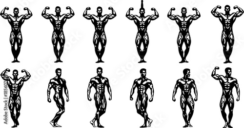 Professional Bodybuilder Muscle Flexing and Bicep Silhouette Set