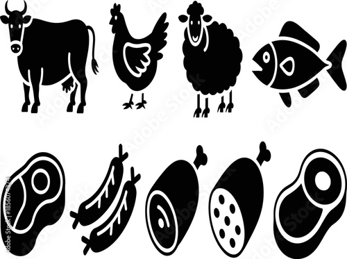 Halal Meat Icons Set – Cow, Chicken, Sheep, Fish and Meat Cuts Silhouette Vector Illustration
