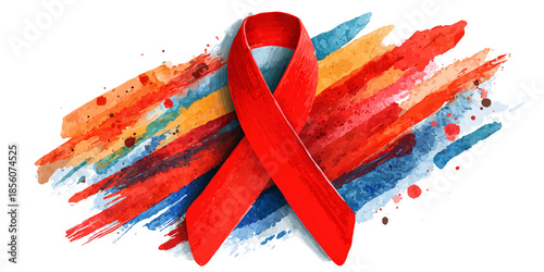 Vibrant red ribbon on colorful abstract background