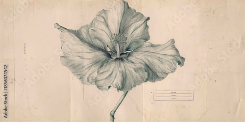 Botanical illustration of a single blue hibiscus flower on aged paper