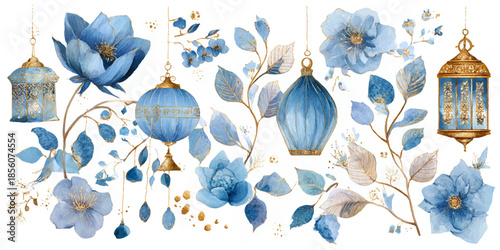 Elegant blue floral and lantern illustration