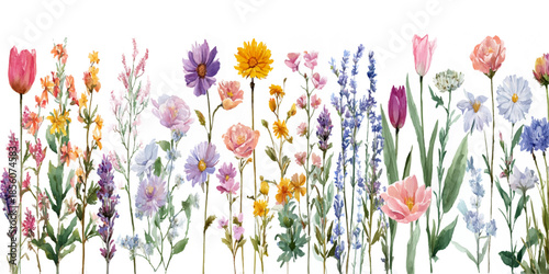 24Vibrant watercolor floral arrangement with tulips, daisies, and wildflowers