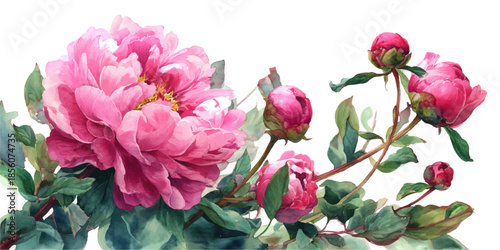 A detailed watercolor illustration of a lush pink peony flower in full bloom, accompanied by smaller peony buds and surrounded by green leaves.