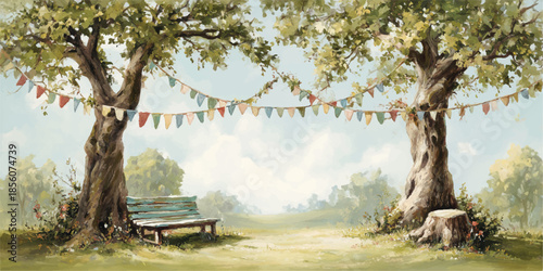 Serene park bench under twin trees with decorative bunting