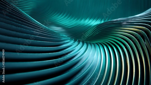 Abstract Teal Wavy Metallic Ribbons Forming a Sculptural Shape photo background