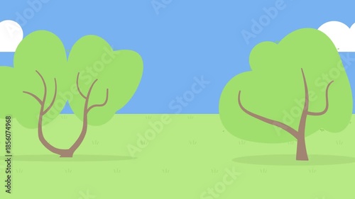 Two Cartoon Trees on Green Grass Under Blue Sky nature