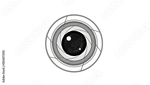 Close-up of a camera lens with a black pupil-like center on a white background, shot in a minimalist monochromatic style