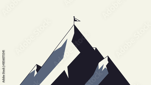 a minimalist illustration of a mountain peak with a flag on top in shades of gray and black on a beige background