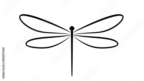 A minimalist black dragonfly illustration with outstretched wings on a white background