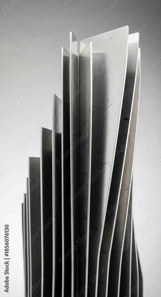Obraz premium A closeup of a brushed metal object featuring multiple vertical stepped and twisted fins on a grey background