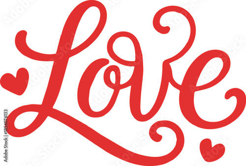 spelling Love, with playful swirls and two small red hearts on either side