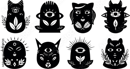 Abstract mystical animals with third eye and floral elements black silhouette vector illustration 