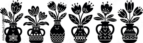 Black silhouette flower pots with decorative floral designs vector illustration 